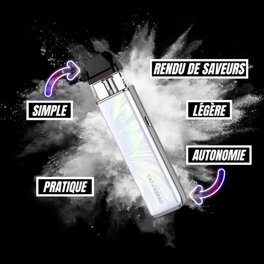 Caractéristiques de la Vaporesso XROS 6 Mini : technologie COREX 3.0, excellente restitution des saveurs, batterie longue autonomie, format compact et léger, utilisation simple, recharge rapide USB-C et compatibilité avec les cartouches Vaporesso XROS.