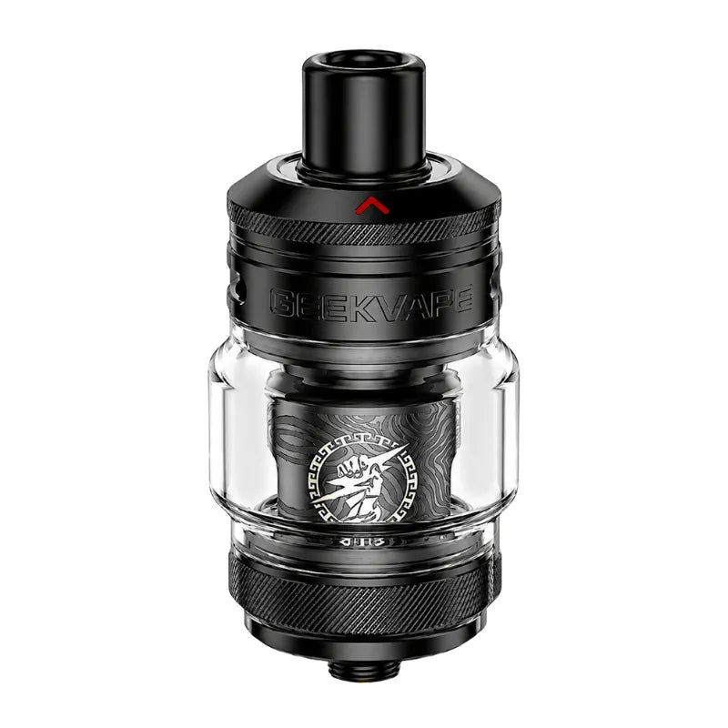 Clearomiseur Geek Vape Z Nano 3 noir avec réservoir en verre transparent, finition métallique noire texturée et embout drip tip noir sur fond clair.
