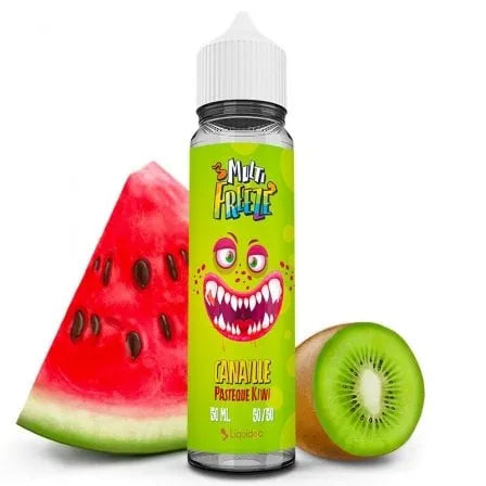 Découvrez le e-liquide Canaille Multifreeze Liquideo 50 ml, un mélange frais et fruité de kiwi et pastèque. Base 50/50 PG/VG, fabrication française, sans nicotine, compatible avec tous les types de cigarettes électroniques.