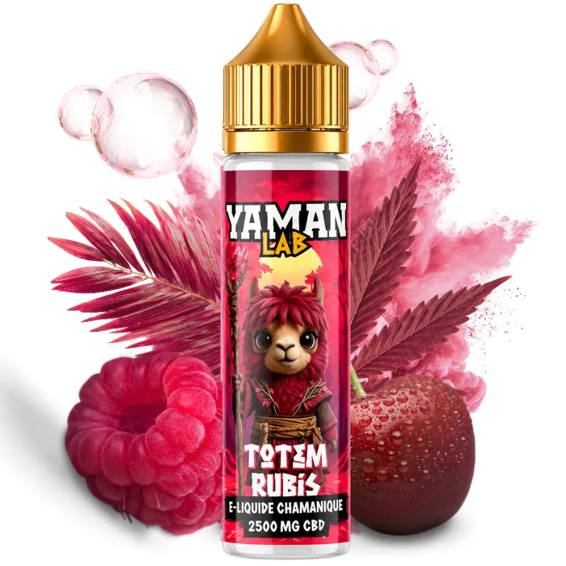 Flacon e-liquide CBD Yaman Lab Totem Rubis 2500 mg aux arômes de framboise et cerise.