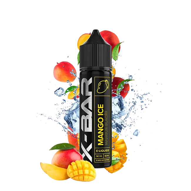 Flacon de e-liquide Ice Mango 50 ml X-Bar, saveur mangue juteuse et fraîcheur glacée, base 50/50 PG/VG, fabrication française.