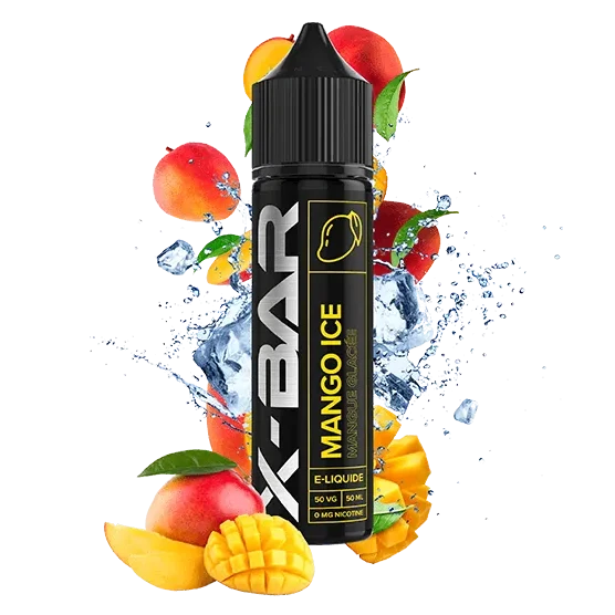 Flacon de e-liquide Ice Mango 50 ml X-Bar, saveur mangue juteuse et fraîcheur glacée, base 50/50 PG/VG, fabrication française.