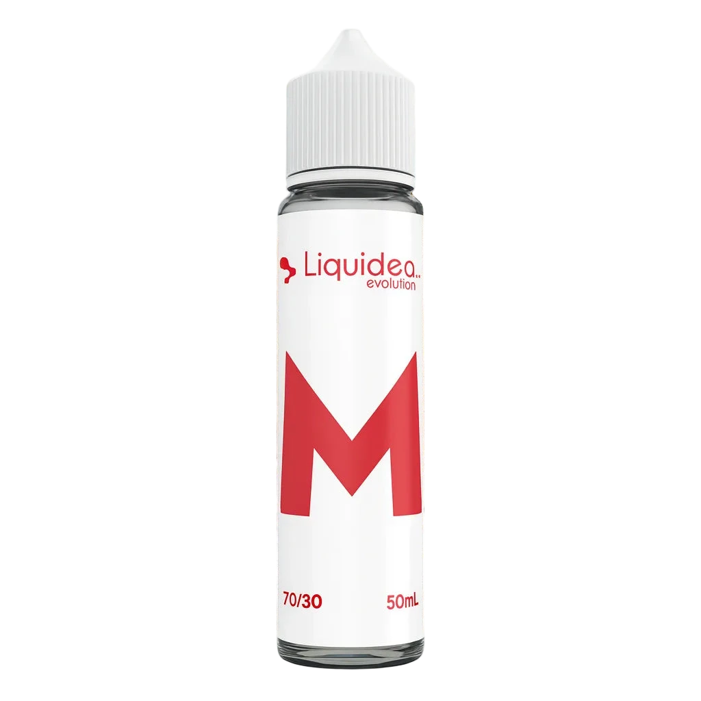 Flacon de e-liquide Le M Liquideo 50 ml, saveur tabac sec légèrement sucré, base 70/30, gamme Evolution Classico, fabriqué en France.