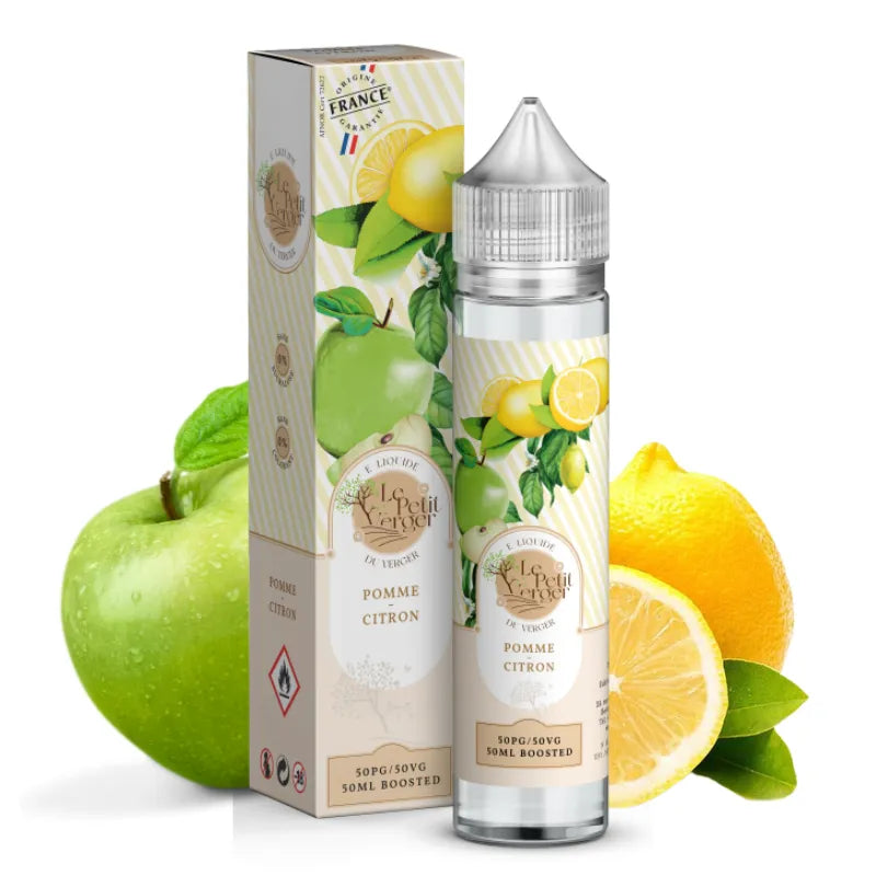 E-liquide Pomme Citron 50 ml Le Petit Verger – saveur fruitée et acidulée, pomme croquante et citron vif, fabrication française par Savourea.