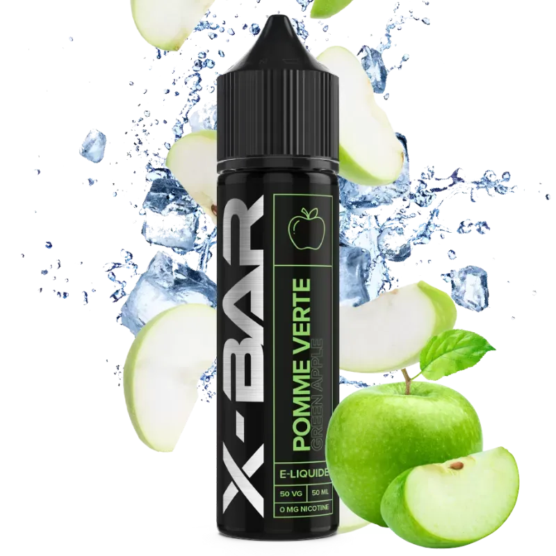 Flacon de e-liquide Pomme Verte 50 ml X-Bar, saveur pomme croquante et fraîche, base 50/50 PG/VG, fabrication française.
