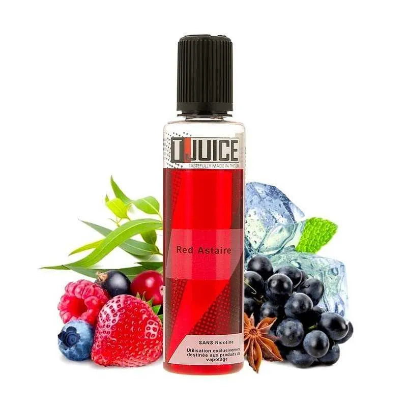 Flacon de e-liquide Red Astaire 50 ml T-Juice, saveur fruits rouges, raisin noir et menthe fraîche, base 40/60 PG/VG, fabrication britannique.