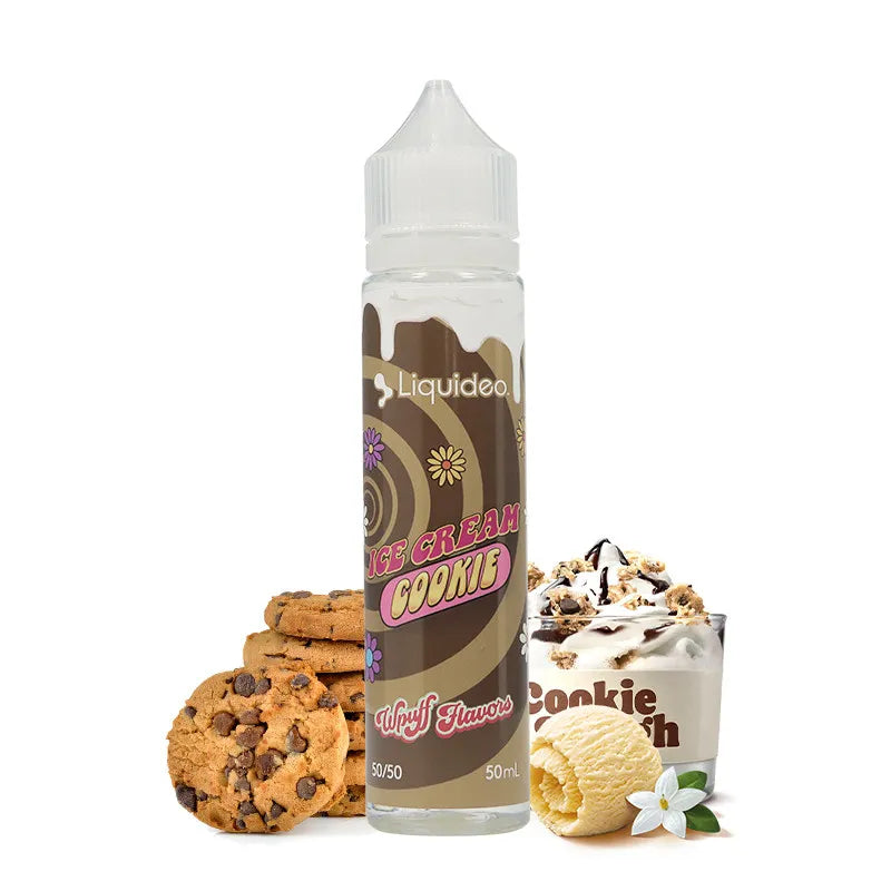 Flacon de e-liquide Wpuff Flavors Ice Cream Cookies Liquideo 50 ml, saveur cookie glacé et crème vanille, base 50/50, fabriqué en France.