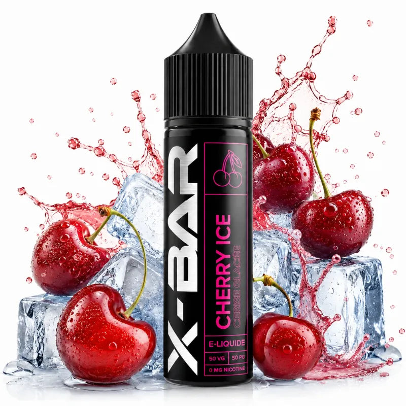 E-liquide XBAR Cherry Ice saveur cerise glacée premium avec cerises fraîches, glaçons cristallins et splash de jus rouge sur fond blanc, visuel e-commerce haut de gamme.