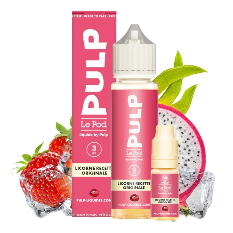 E-liquide Licorne Recette Originale 60 ml Le Pod by Pulp – saveur fraise et fruit du dragon, base 50/50 PG/VG, fabrication française.