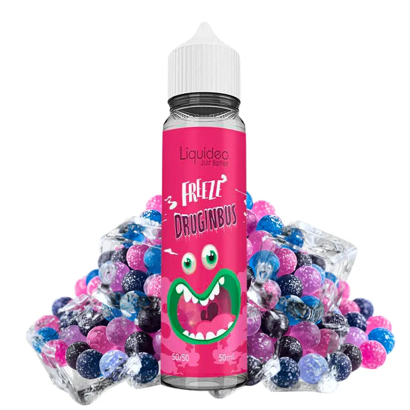 E-liquide Freeze Druginbus Liquideo 50ml – bonbon coloré givré, e-liquide gourmand et frais 50/50 PG/VG fabriqué en France.