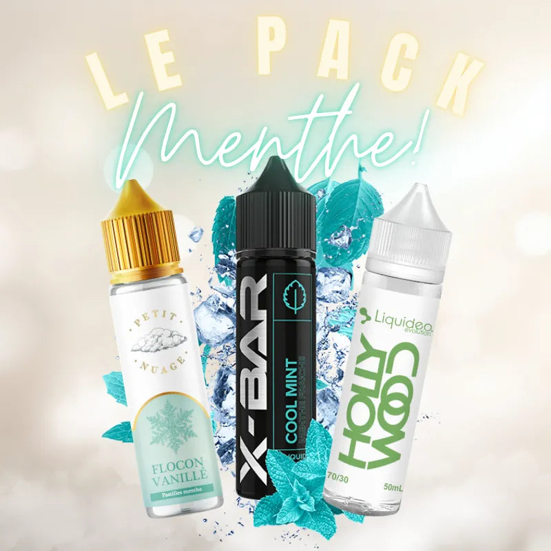 Pack Menthe 50 ml avec trois e-liquides : Flocon Vanillé Petit Nuage, Cool Mint X-BAR et Hollywood Liquideo chlorophylle