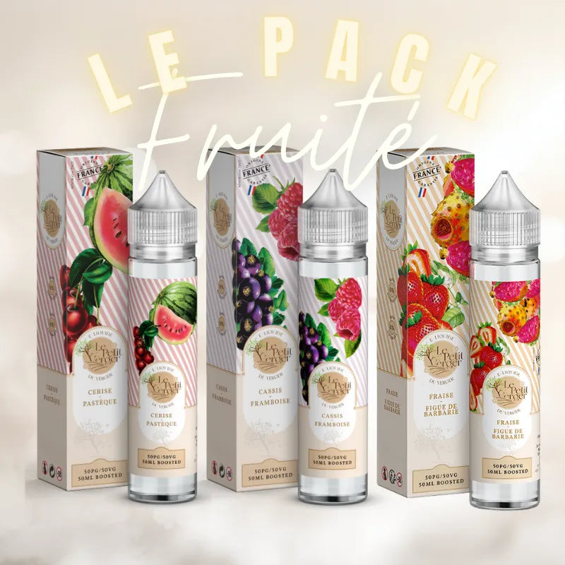 Pack Noël Fruité Petit Verger avec trois e-liquides 50 ml Savourea : Cerise Pastèque, Myrtille Framboise et Fraise Figue de Barbarie