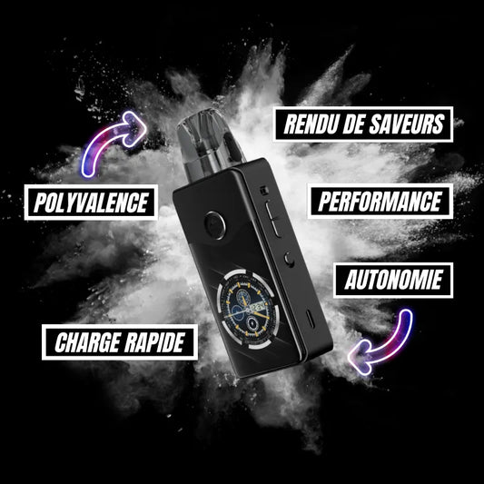 Pod Vinci E120 Voopoo couleur spray black, batterie 4500 mAh, puissance 120 W, écran TFT 2.6", cartouche 5 ml, résistances PnP X, design aluminium compact.