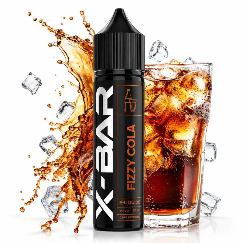 E-liquide X-BAR Fizzy Cola avec effet cola glacé sur fond blanc.