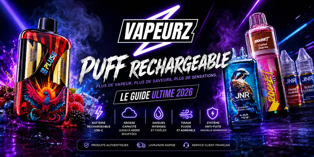 VAPEURZ, spécialiste des puffs rechargeables en France : cigarette électronique rechargeable, batterie USB-C, jusqu'à 42 000 bouffées, saveurs fruitées et livraison rapide.