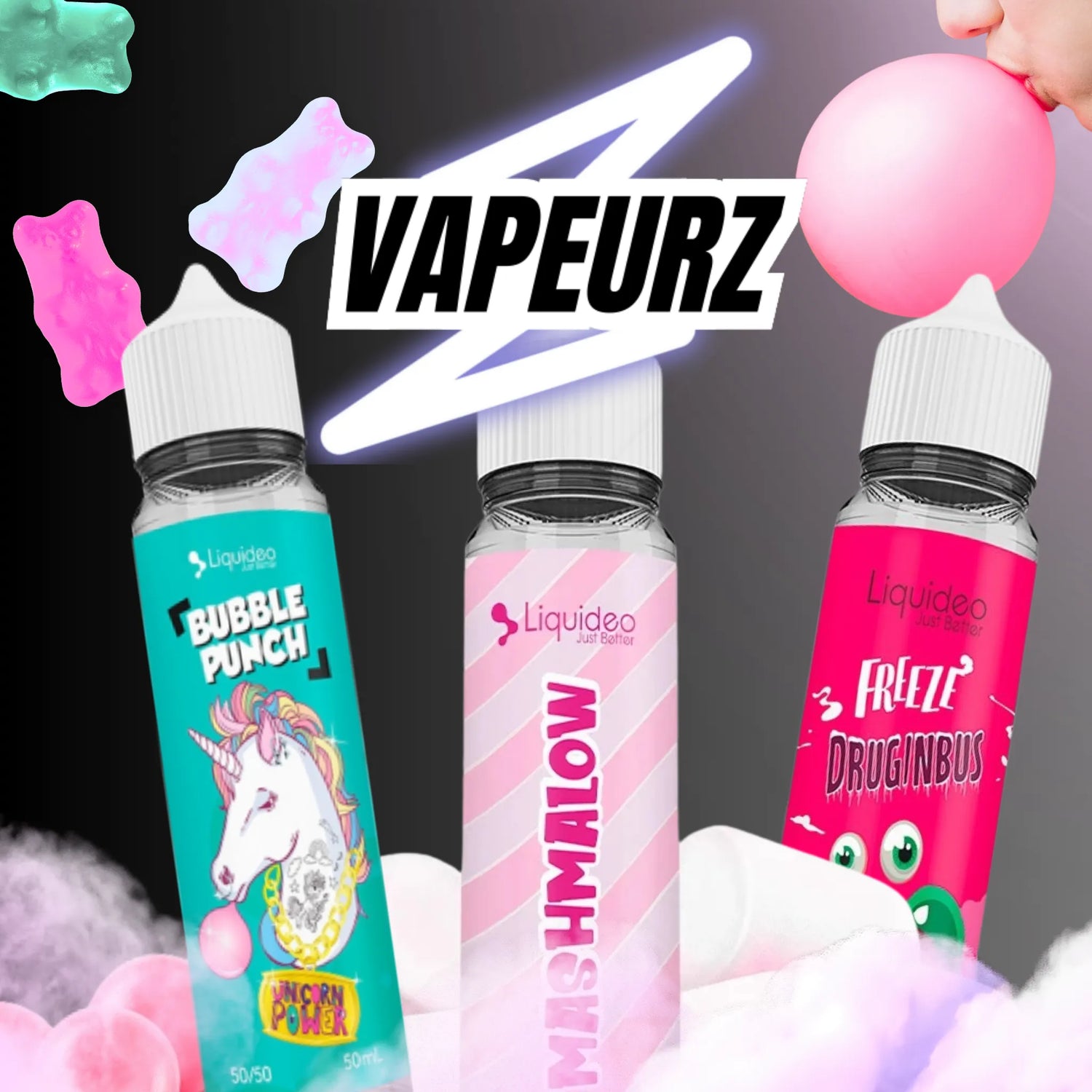 E-liquides saveurs bonbons 50ml et plus à booster aux saveurs sucrées, disponible en 50/50 et 30/70, pour une vape gourmande et pleine de douceur