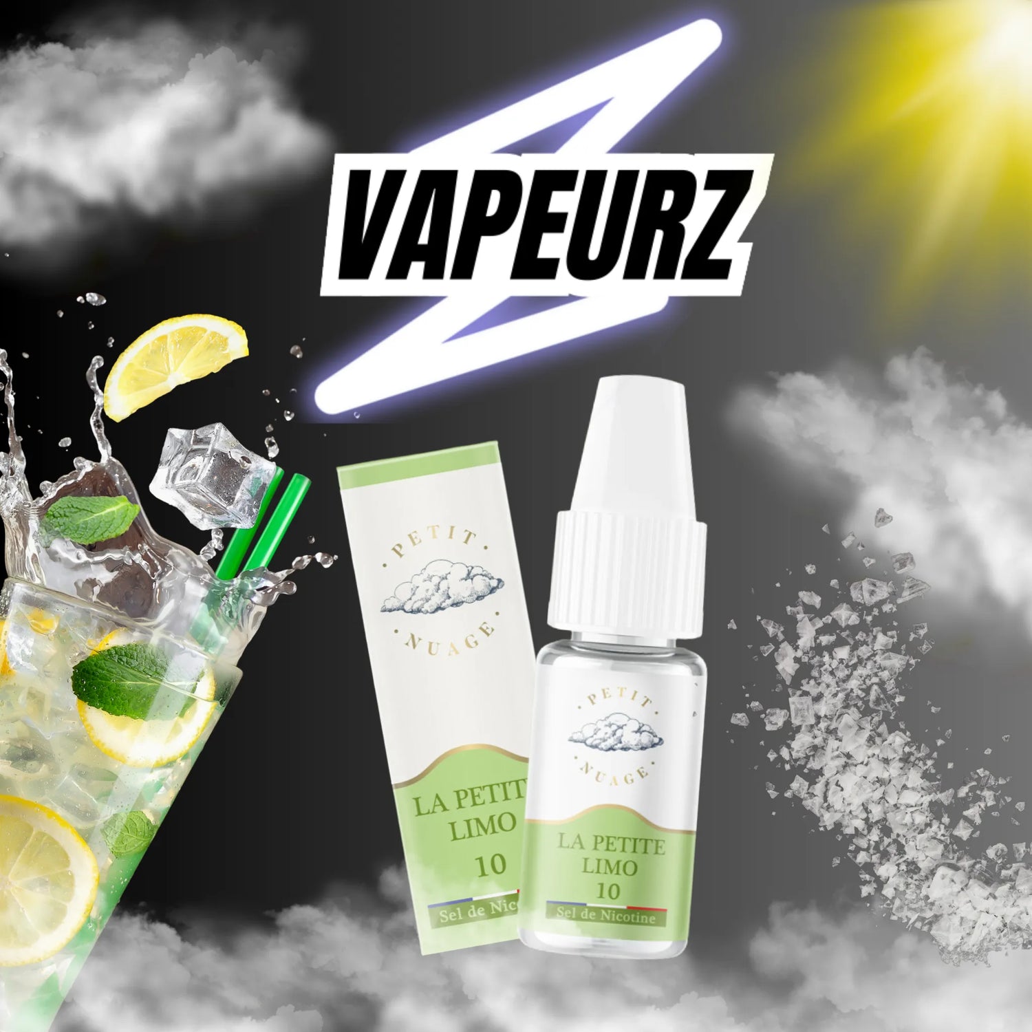 Flacons de 10 ml d’e-liquides saveurs boissons aux sels de nicotine, saveurs cola, limonade, energy drink et autres, pour cigarette électronique