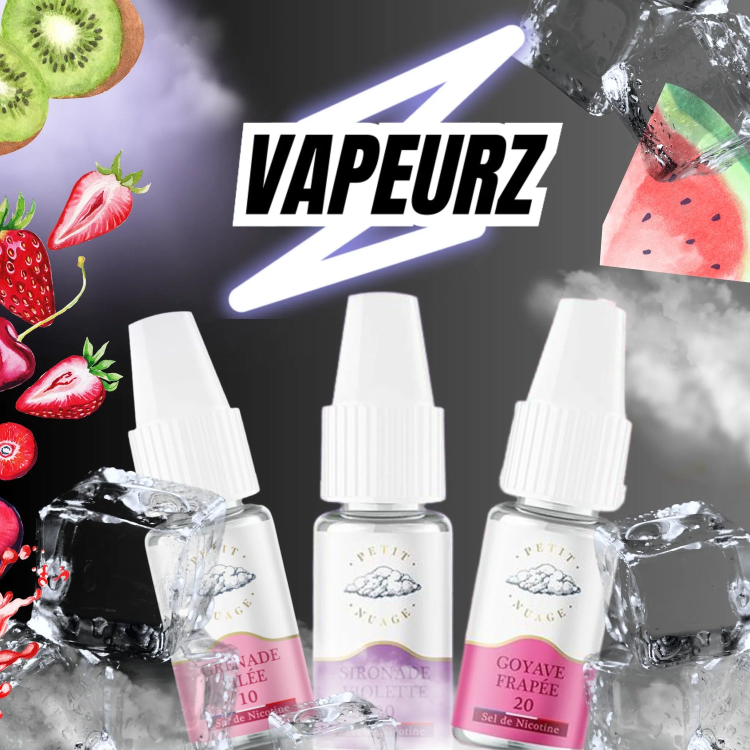 Flacon E-liquides 10ml Fruités Frais, saveurs fruit du dragon, fruits rouges givrés et exotiques glacés, pour cigarette électronique
