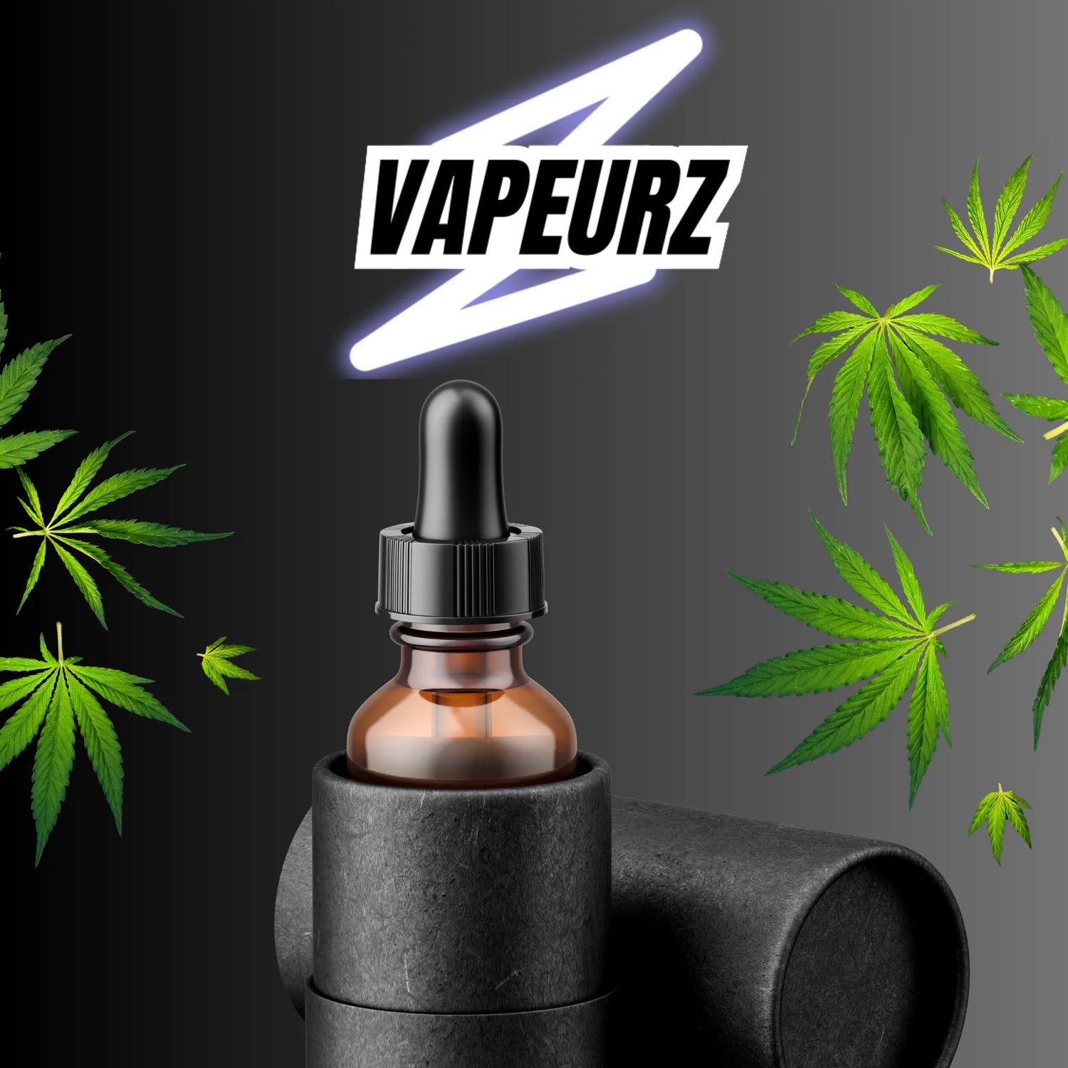 Huiles CBD avec pipette, présentée dans un étui noir cylindrique, entourée de feuilles de cannabis vertes. En arrière-plan, logo lumineux « VAPEURZ »