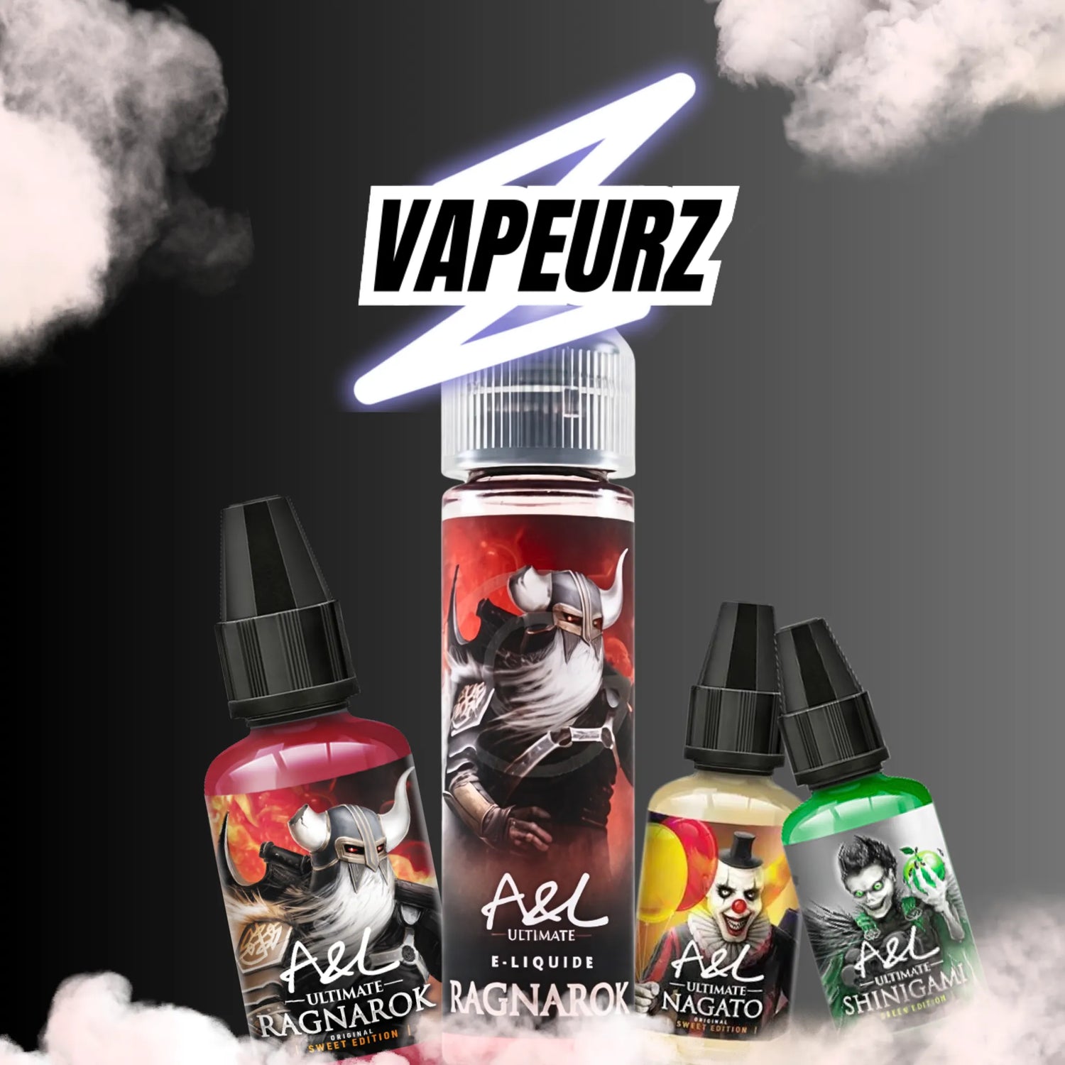 Sélection A&L Ultimate avec e-liquides et arômes concentrés, incluant les best-sellers Ragnarok, Nagato et Shinigami, gamme fruitée, fraîche et gourmande