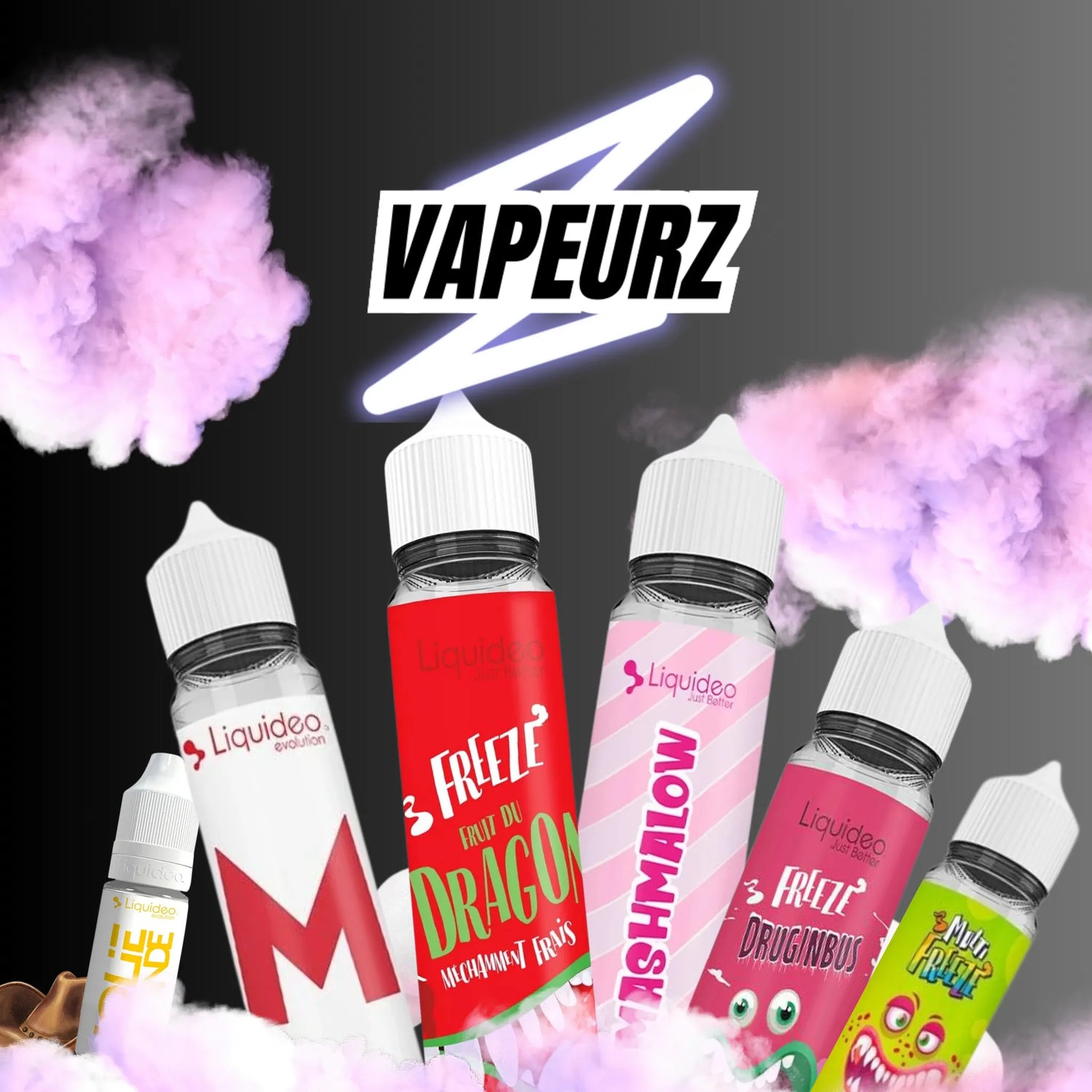 Sélection d’e-liquides Liquideo fruités, frais, gourmands et classics, avec les best-sellers Freeze Dragon, Marshmallow et M