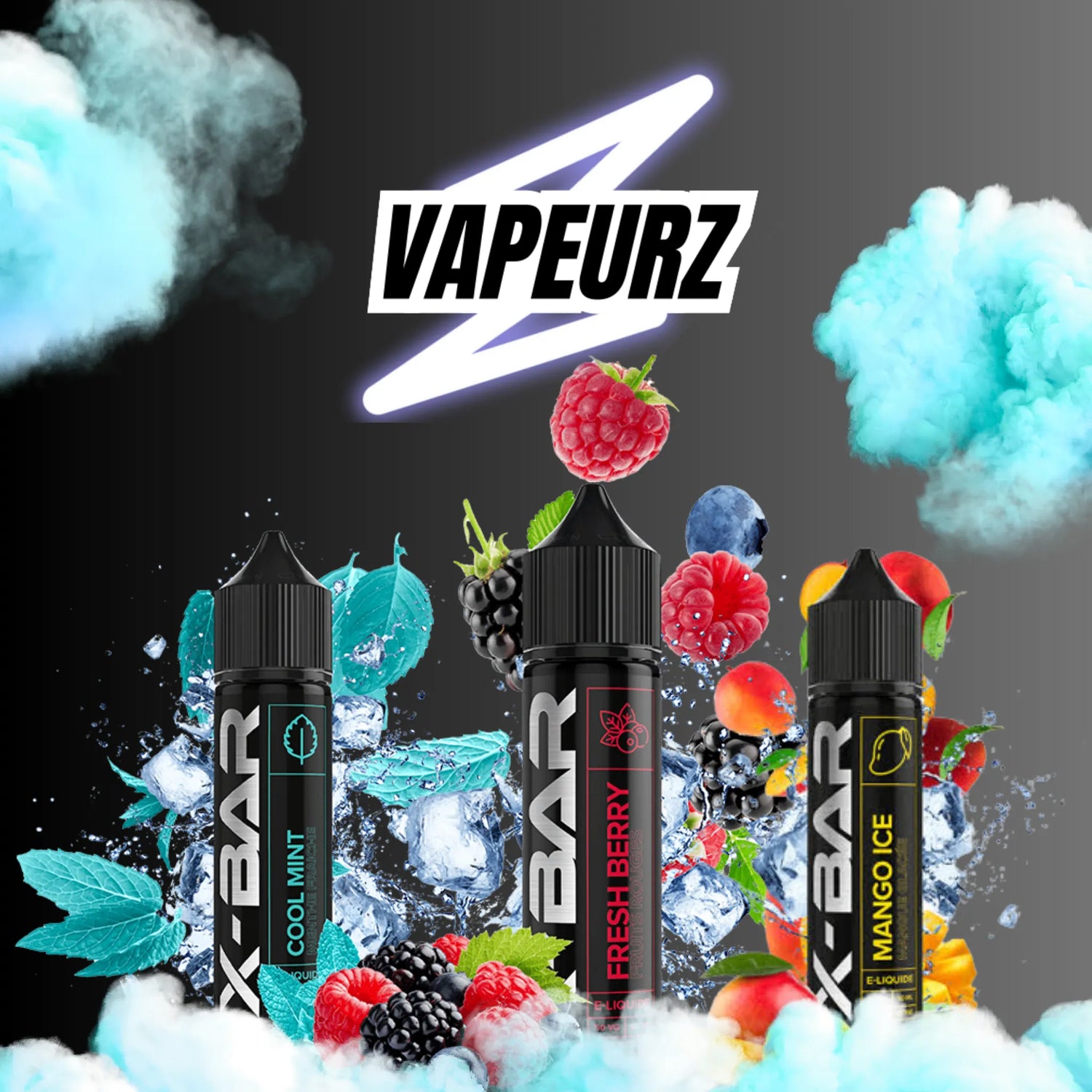 Sélection d’e-liquides X-Bar fruités et frais inspirés de la puff, flacons de vape aux saveurs menthe, fruits rouges et mangue