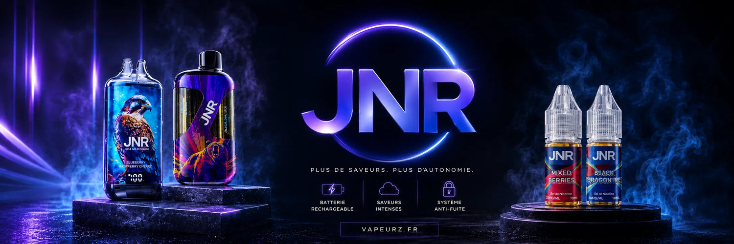 Bannière JNR avec puffs rechargeables et e-liquides dans un design néon moderne pour boutique de vape en ligne.