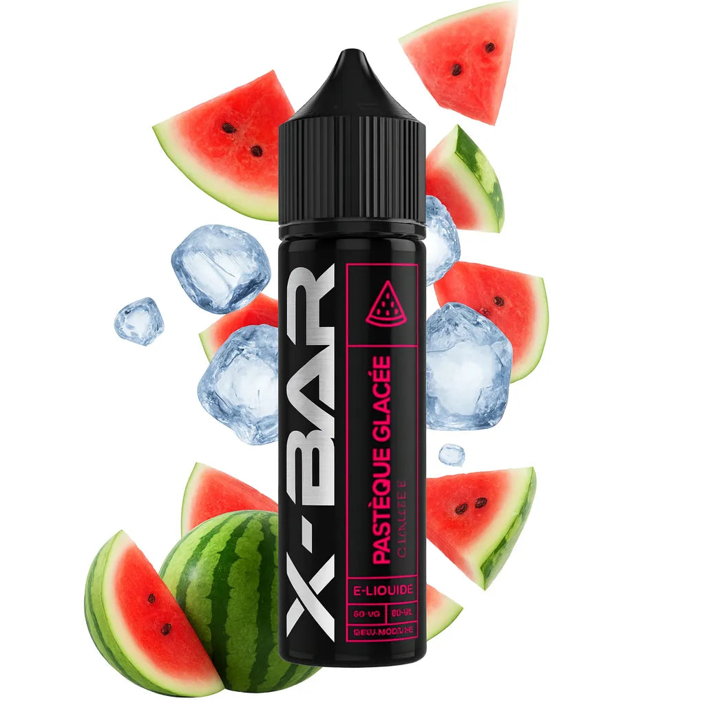 Flacon de e-liquide Pastèque Glacée 50 ml X-Bar, saveur pastèque juteuse et fraîcheur glacée, base 50/50 PG/VG, fabrication française.