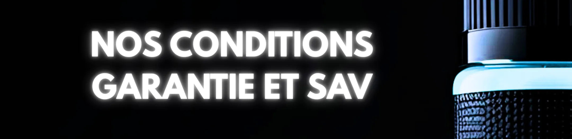 Bannière VAPEURZ Garantie et SAV – visuel moderne avec flacon de e-liquide et texte lumineux sur fond noir.