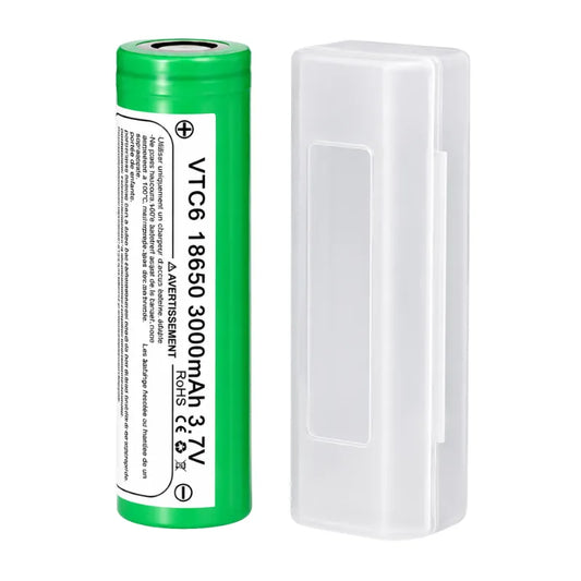 Batterie rechargeable VTC6 18650 3000mAh 3,7V pour box électronique livrée avec étui de protection.
