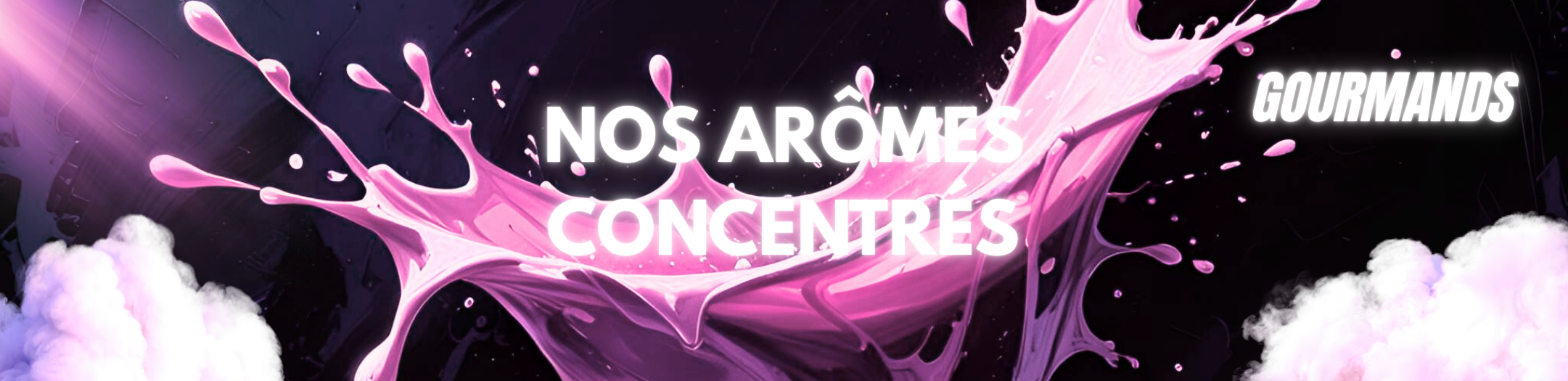 Splash rose d’arôme concentré gourmand avec nuages de vapeur blanche, représentant des saveurs sucrées et riches pour e-liquides de cigarette électronique, sur fond sombre et lumineux.