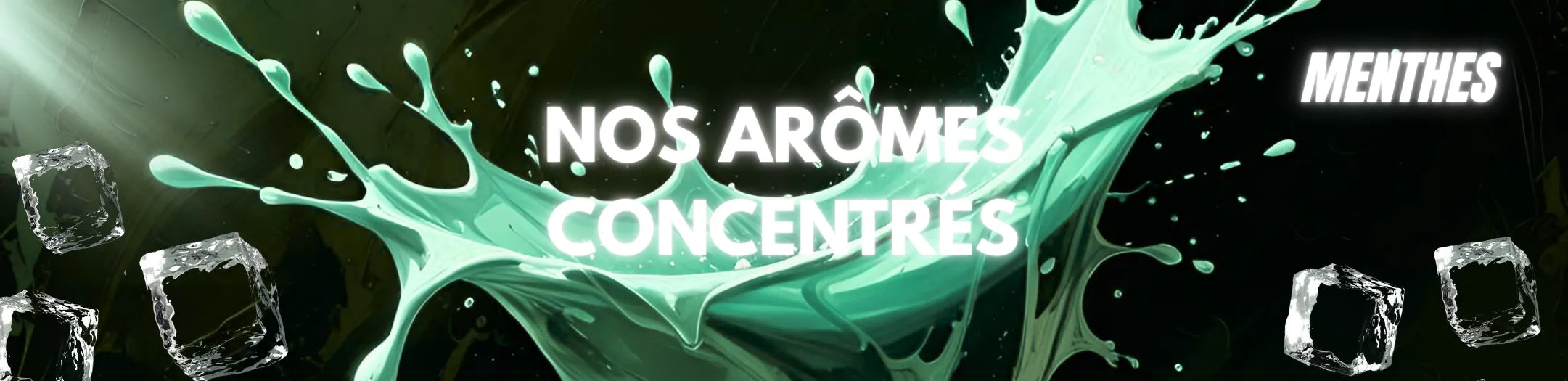 Splash vert menthe d’arôme concentré avec glaçons, représentant des saveurs fraîches et intenses pour e-liquides de cigarette électronique, sur fond sombre et lumineux.
