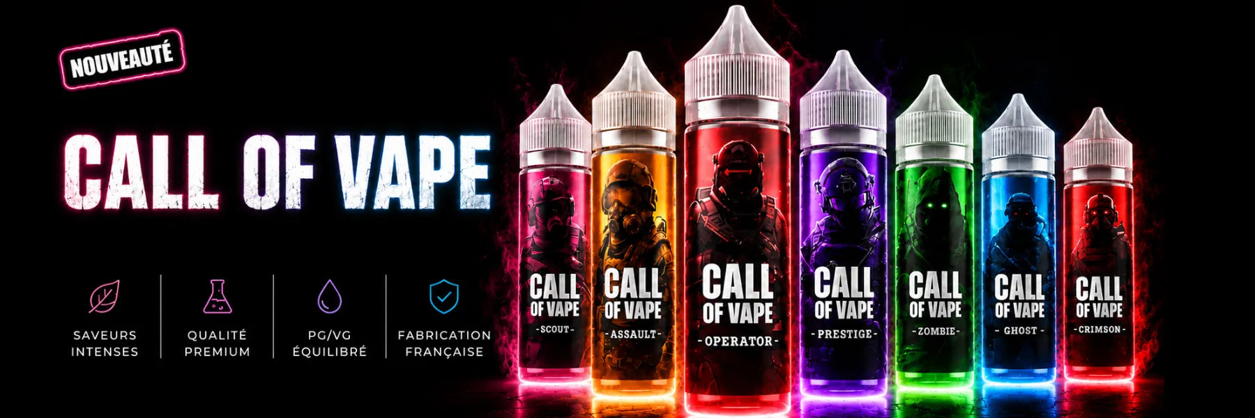 Bannière de la gamme d'e-liquides Call of Vape présentant sept saveurs premium aux couleurs variées, fabrication française, PG/VG équilibré et saveurs intenses.