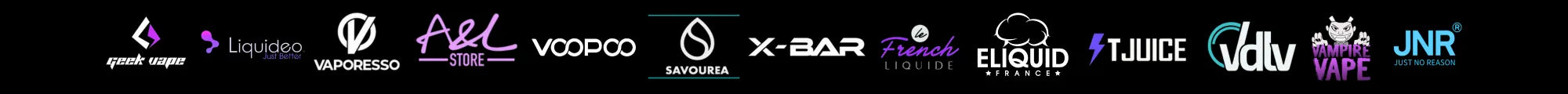 Bannière des principales marques de e-liquides et cigarettes électroniques : Geek Vape, Liquideo, Vaporesso, A&L Store, Voopoo, Savourea, X-Bar, Le French Liquide, Eliquid France, T-Juice, VDLV, Vampire Vape et JNR — fabricants reconnus dans l’univers de la vape.