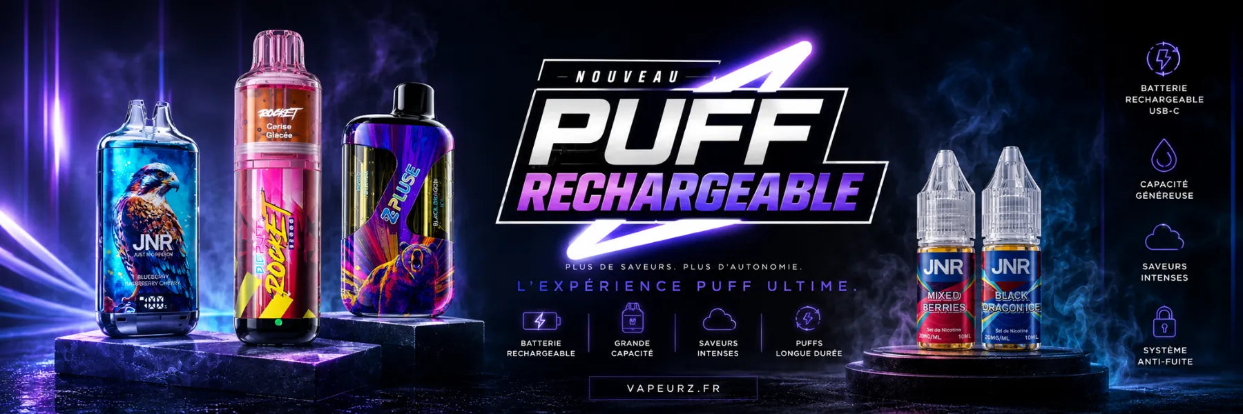 Bannière publicitaire futuriste présentant des puffs rechargeables premium avec design néon violet et bleu, mettant en avant plusieurs modèles colorés JNR et Rocket, accompagnés de flacons d’e-liquide, dans une ambiance sombre et moderne avec effets de fumée et lumière LED.