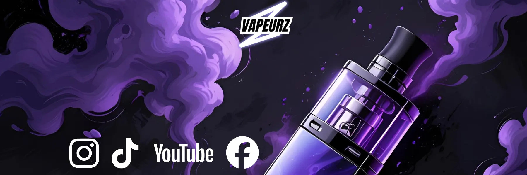 Bannière VAPEURZ avec cigarette électronique moderne et e-liquide premium, fumée violette stylisée, logos Instagram, TikTok, YouTube et Facebook, promotion de la vape responsable et haut de gamme
