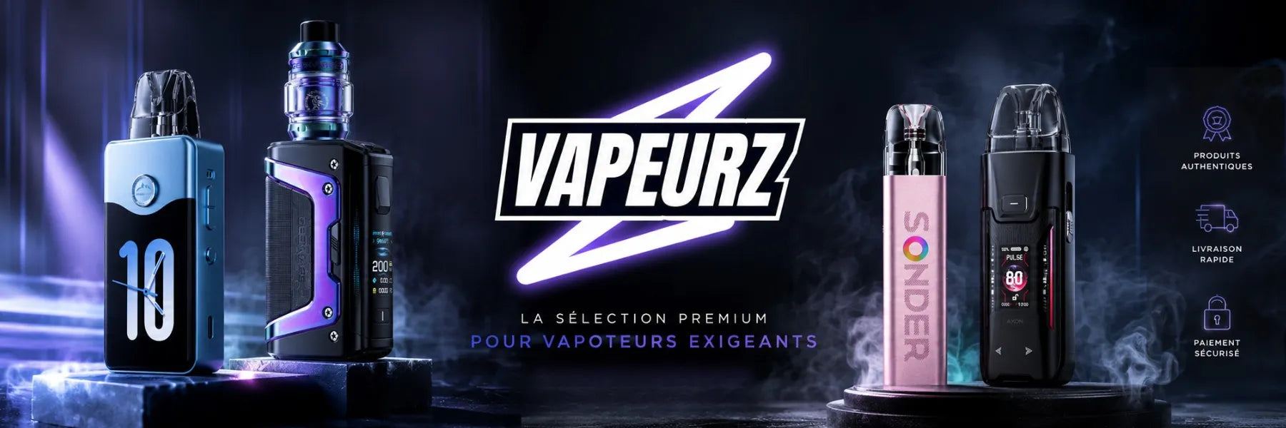 Bannière premium Vapeurz présentant une collection de cigarettes électroniques et pods haut de gamme dans un univers futuriste avec effets de fumée et éclairage néon.