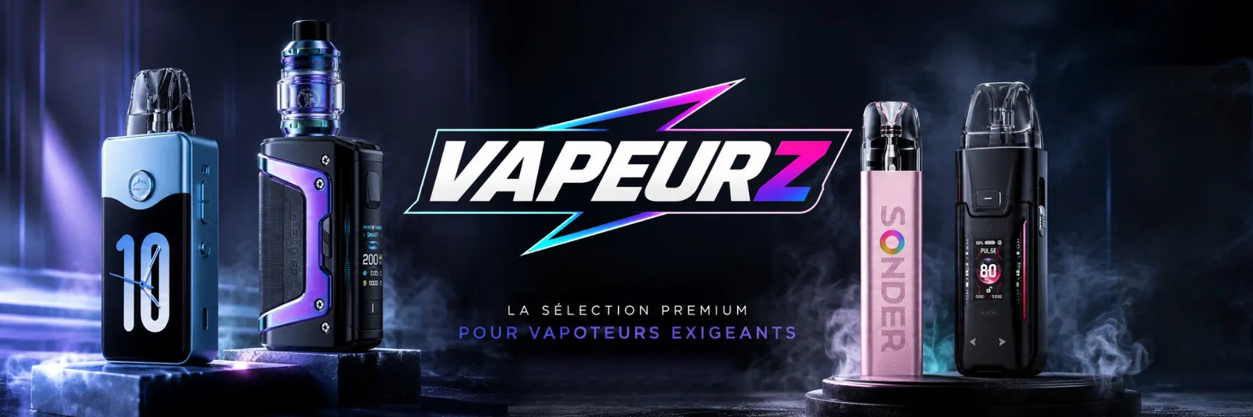 Bannière VAPEURZ présentant une sélection premium de cigarettes électroniques avec quatre modèles de vapoteuses sur un fond sombre, fumée et éclairage néon bleu et violet. Slogan : « La sélection premium pour vapoteurs exigeants