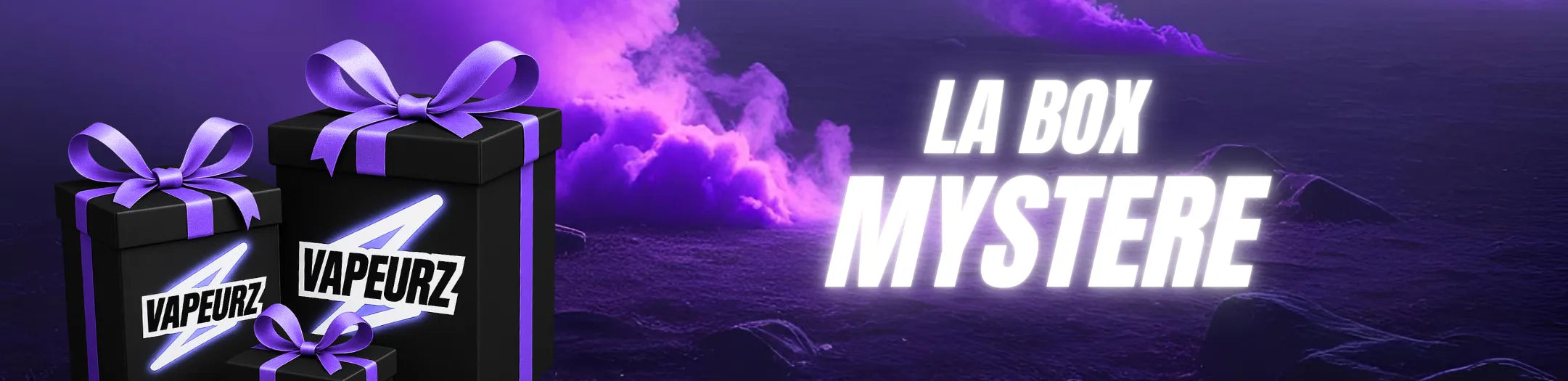 Box mystère avec e-liquides surprise pour cigarette électronique, fond violet et coffrets cadeaux mystérieux.