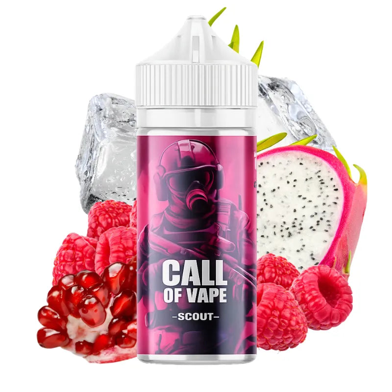 E-liquide Call Of Vape Scout 100ml saveur fruit du dragon, framboise et grenade avec effet frais et glaçons, flacon grand format pour cigarette électronique