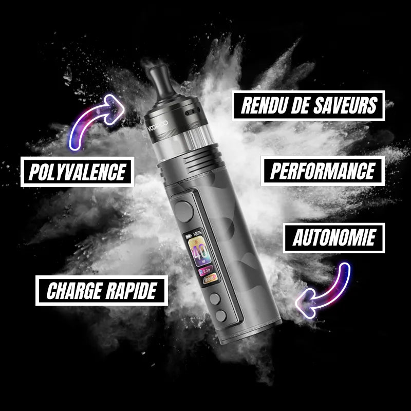 Caractéristiques de la Voopoo Drag H40 Pro : puissance jusqu'à 40 W, batterie intégrée 1500 mAh, charge rapide USB-C, excellente autonomie, rendu des saveurs optimal, polyvalence et compatibilité avec les résistances PnP et pnp x