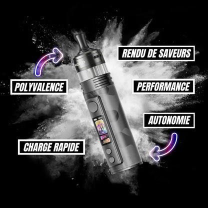 Caractéristiques de la Voopoo Drag H40 Pro : puissance jusqu'à 40 W, batterie intégrée 1500 mAh, charge rapide USB-C, excellente autonomie, rendu des saveurs optimal, polyvalence et compatibilité avec les résistances PnP et pnp x