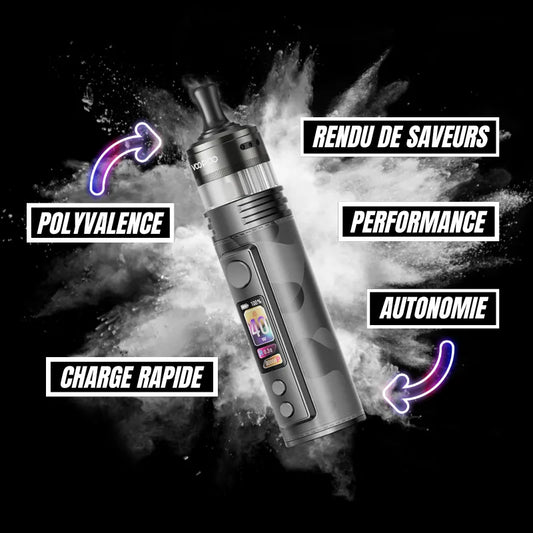 Caractéristiques de la Voopoo Drag H40 Pro : puissance jusqu'à 40 W, batterie intégrée 1500 mAh, charge rapide USB-C, excellente autonomie, rendu des saveurs optimal, polyvalence et compatibilité avec les résistances PnP et pnp x