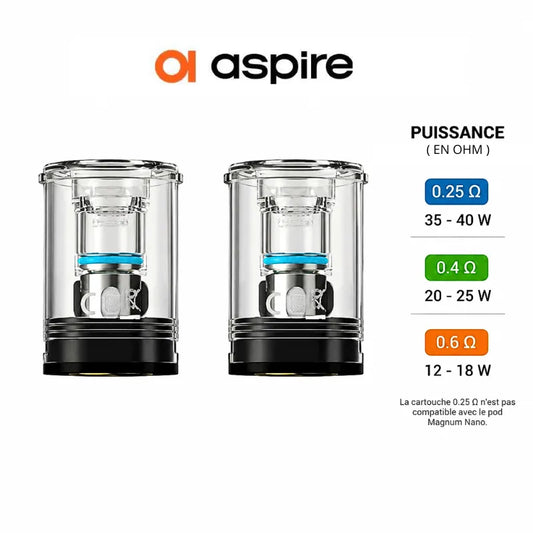 Lot de 2 cartouches Magnum Aspire 6 ml pour Pod Magnum Aspire avec résistances intégrées 0.25 ohm, 0.4 ohm et 0.6 ohm.