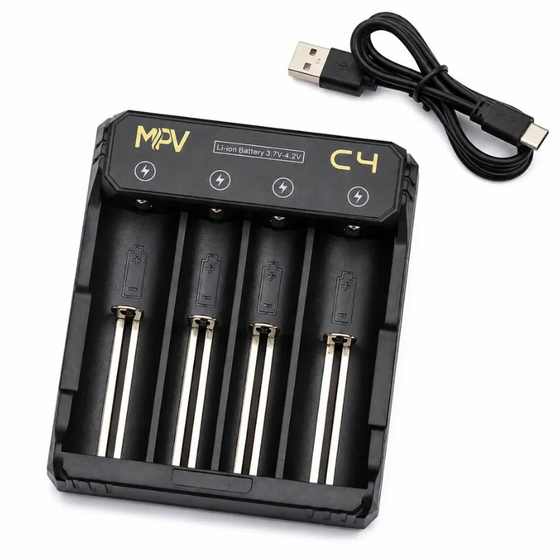 Chargeur MPV C4 pour accus de cigarette électronique compatible 18650, 20700, 21700 et 26650 avec câble USB-C
