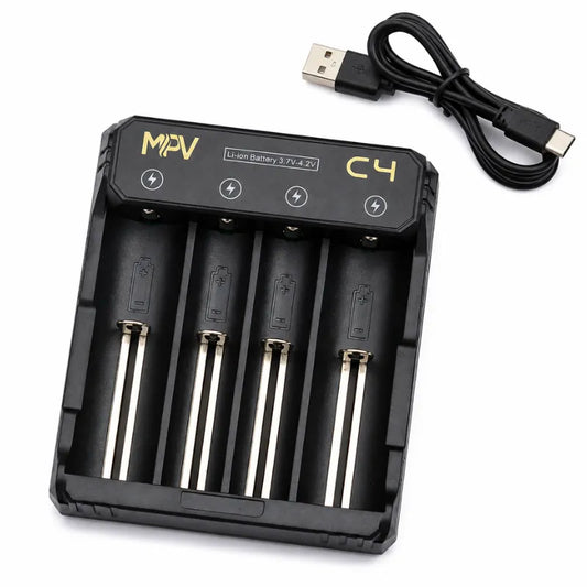 Chargeur MPV C4 pour accus de cigarette électronique compatible 18650, 20700, 21700 et 26650 avec câble USB-C
