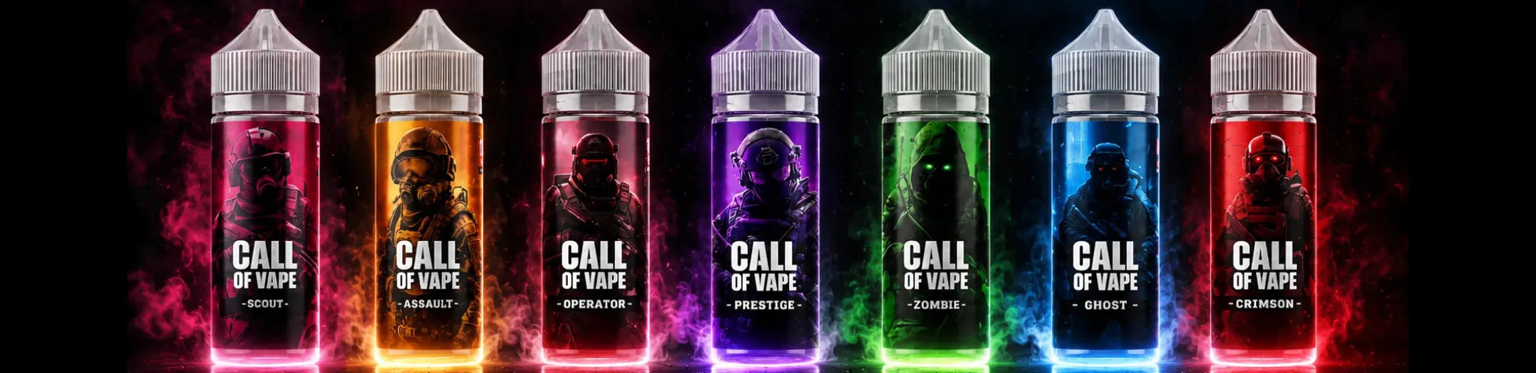 Bannière e-liquides Call Of Vape 100ml avec les saveurs Scout, Assault, Operator, Prestige, Zombie, Ghost et Crimson sur fond néon sombre