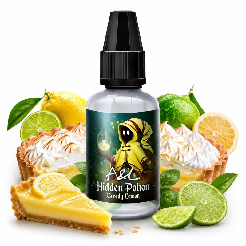 Concentré Greedy Lemon Hidden Potion A&L 30 ml, arôme DIY pour e-liquide saveur tarte au citron et citron vert, dessert gourmand avec quartiers de citron vert sur fond blanc.