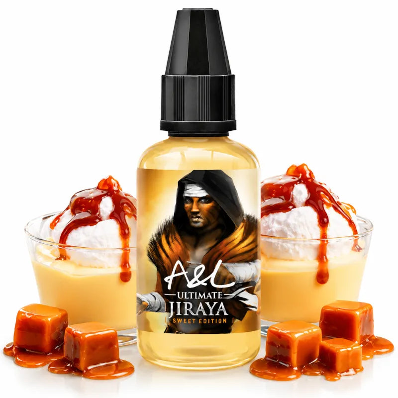 Concentré Jiraya Ultimate A&L 30 ml, arôme DIY pour e-liquide saveur île flottante, crème vanillée et caramel fondant, flacon avec dessert au caramel sur fond blanc.