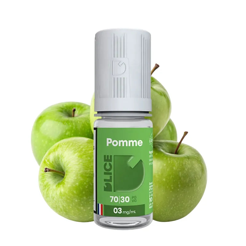 E-liquide Pomme 10 ml D’lice – saveur de pomme verte juteuse, base 70/30 PG/VG, fabrication française.